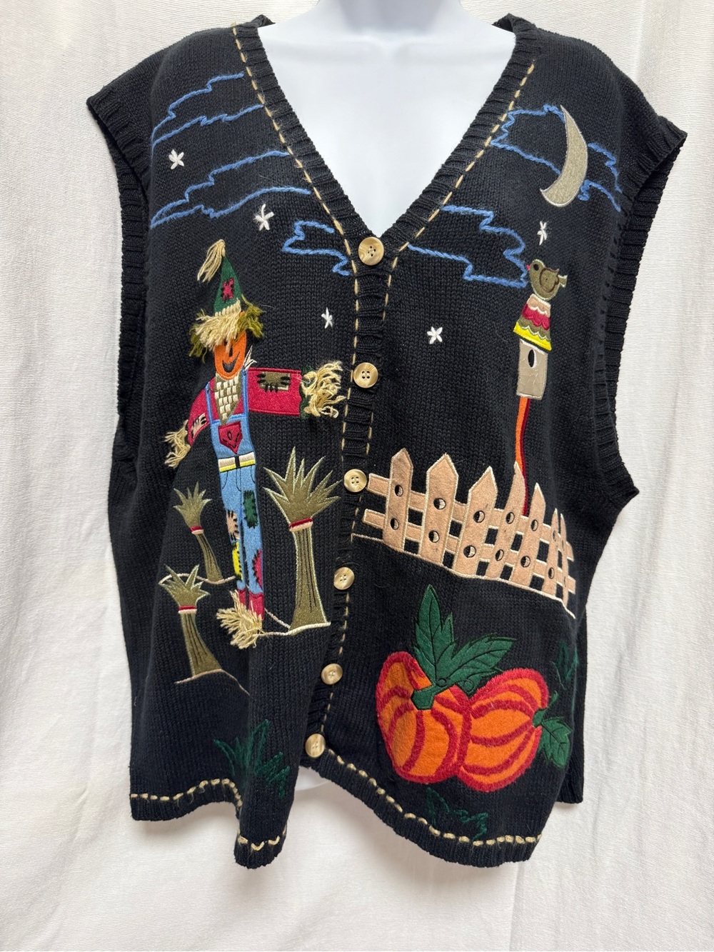 Bobbie Brooks Fall Womens Vest Pumpkin Patch Scarecrow Ravin Bird Moon Night 18W
